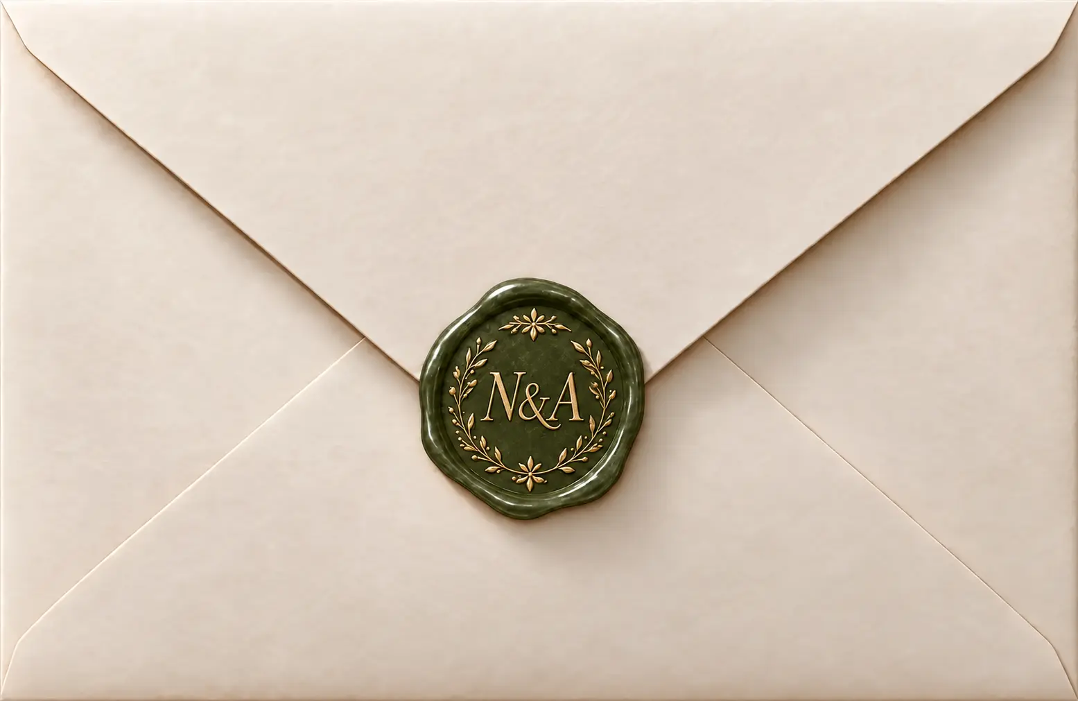 Sobre de papel marfil con sello de cera verde olivo N y A